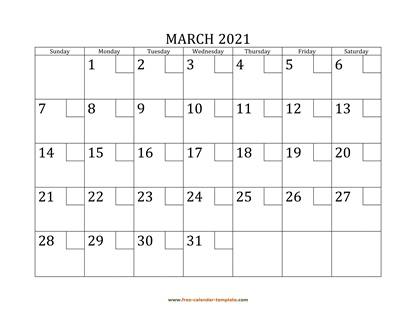 march 2021 calendar checkboxes horizontal