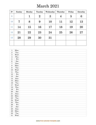 march 2021 calendar daily notes vertical