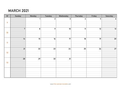 march 2021 calendar daygrid horizontal