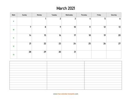 march 2021 calendar notes horizontal
