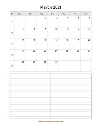 march 2021 calendar notes vertical