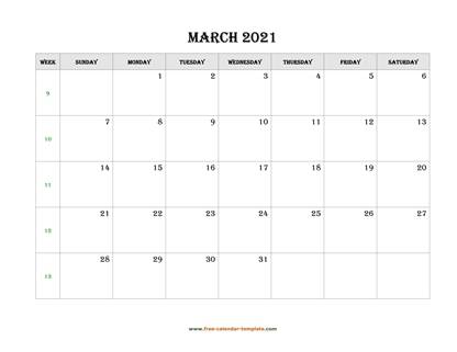 march 2021 calendar simple horizontal