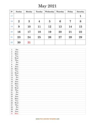 may 2021 calendar daily notes vertical