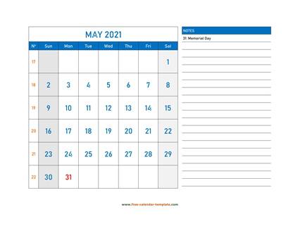 may 2021 calendar largenotes horizontal