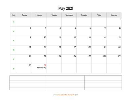 may 2021 calendar notes horizontal