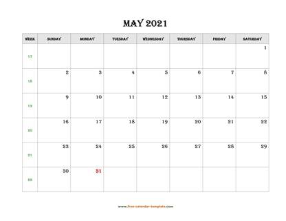 may 2021 calendar simple horizontal
