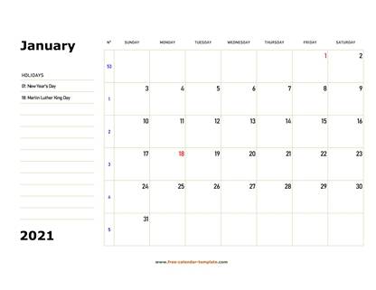 monthly 2021 calendar boxnotes horizontal