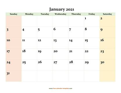 monthly 2021 calendar colored horizontal