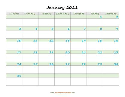 monthly 2021 calendar daycolored horizontal
