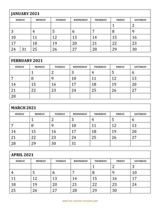 monthly 2021 calendar four months vertical