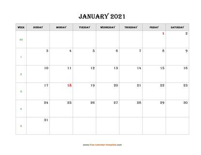 monthly 2021 calendar simple horizontal