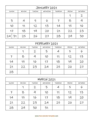 monthly 2021 calendar three months vertical