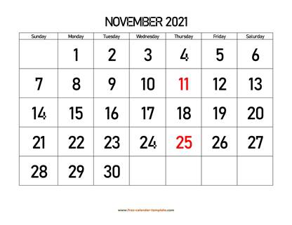 november 2021 calendar bigfont horizontal