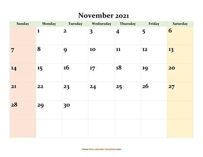 november 2021 calendar colored horizontal