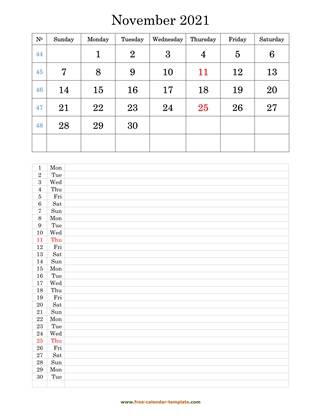 november 2021 calendar daily notes vertical