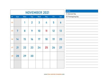 november 2021 calendar largenotes horizontal