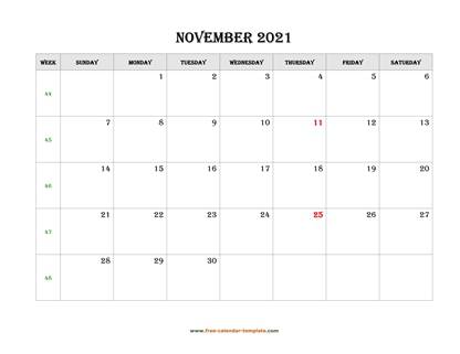 november 2021 calendar simple horizontal