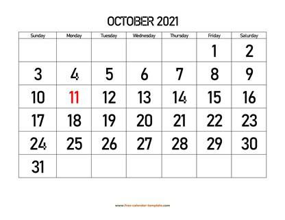 october 2021 calendar bigfont horizontal