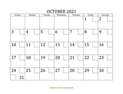 october 2021 calendar checkboxes horizontal