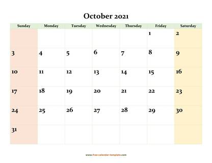 october 2021 calendar colored horizontal