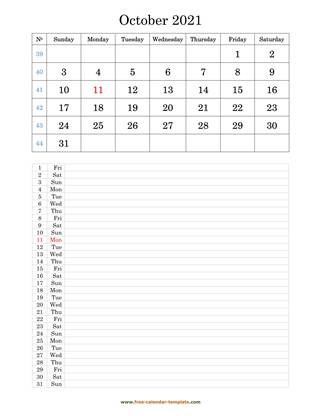 october 2021 calendar daily notes vertical