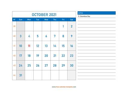 october 2021 calendar largenotes horizontal