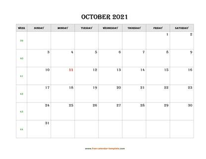 october 2021 calendar simple horizontal