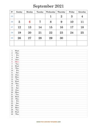 september 2021 calendar daily notes vertical