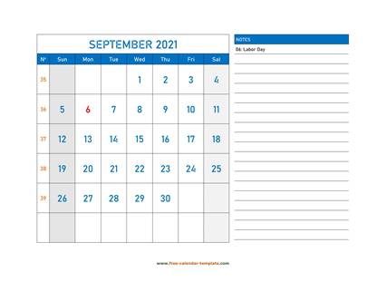 september 2021 calendar largenotes horizontal