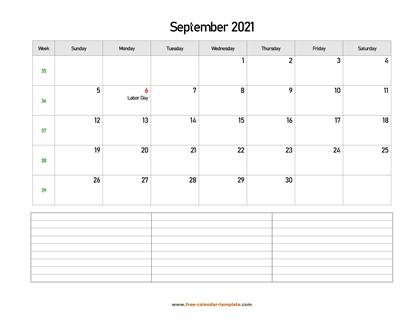 september 2021 calendar notes horizontal