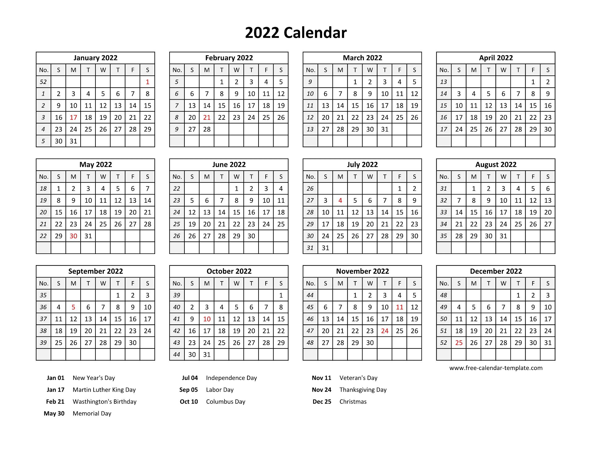 Printable Yearly Calendar 2022 With Us Holidays | Free-Calendar-Template.com