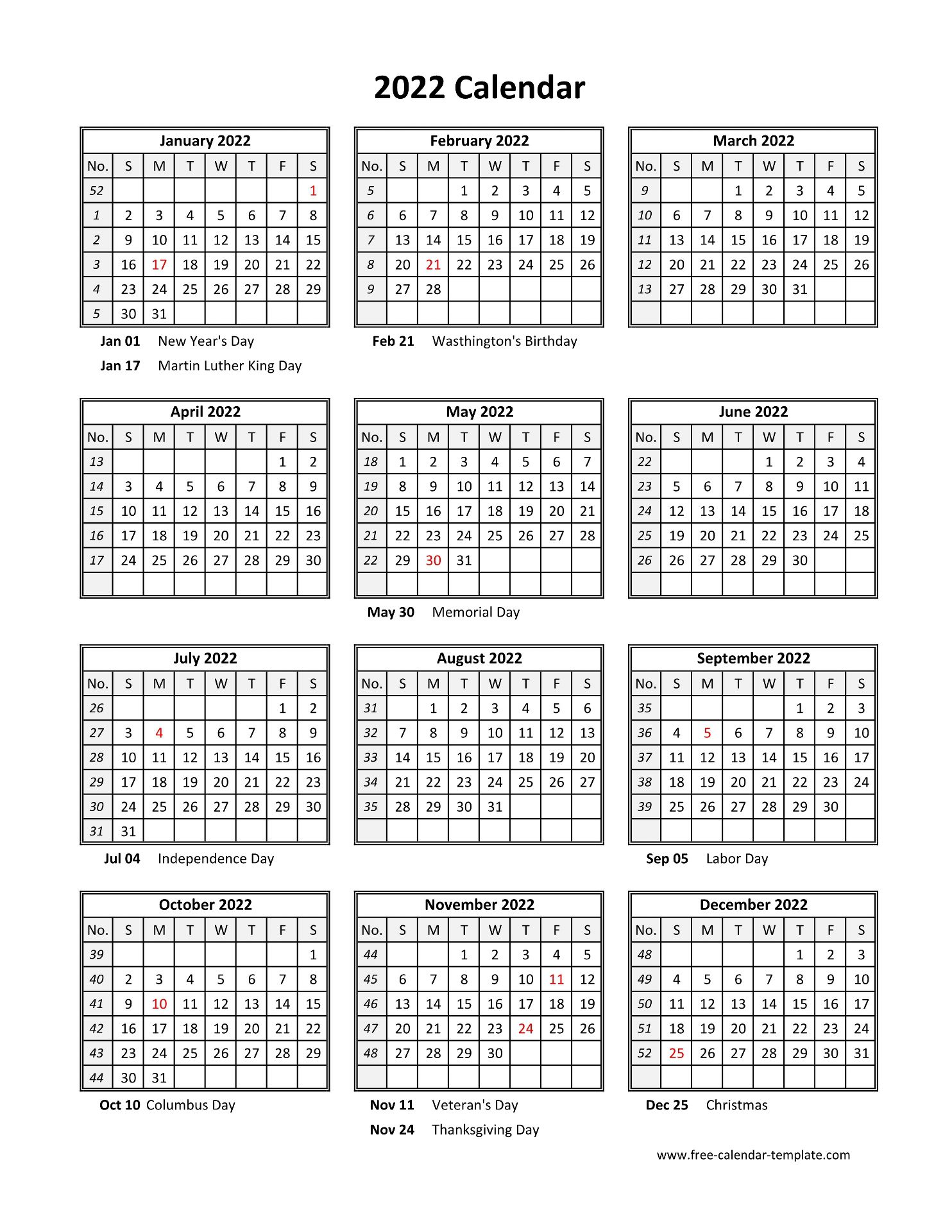 Yearly Printable Calendar 2022 With Holidays Free calendar template