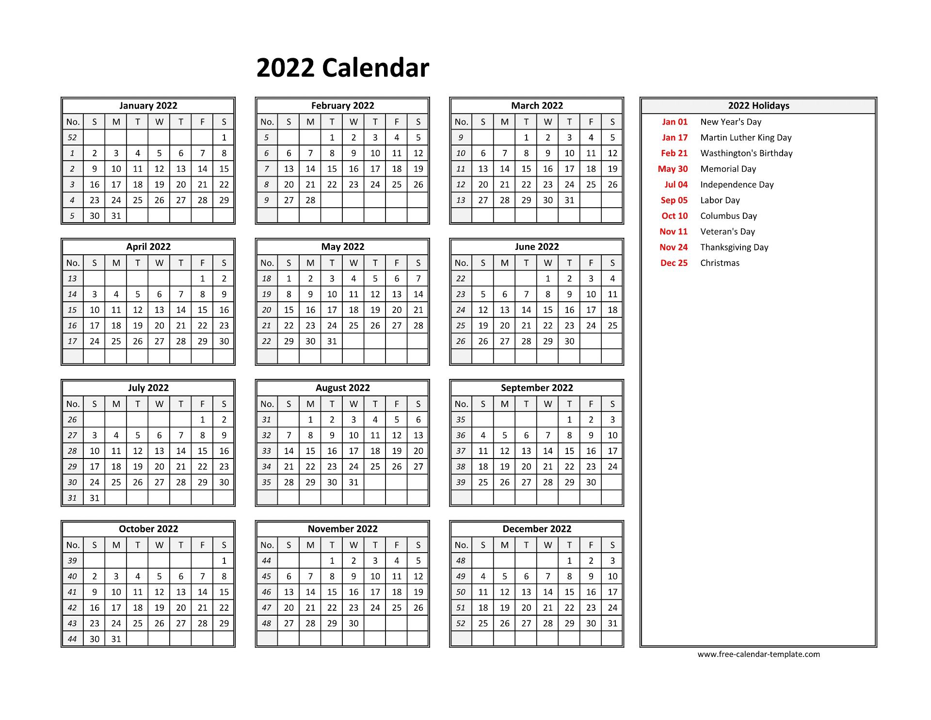 2022 Yearly Calendar Printable With Week Numbers Free Calendar