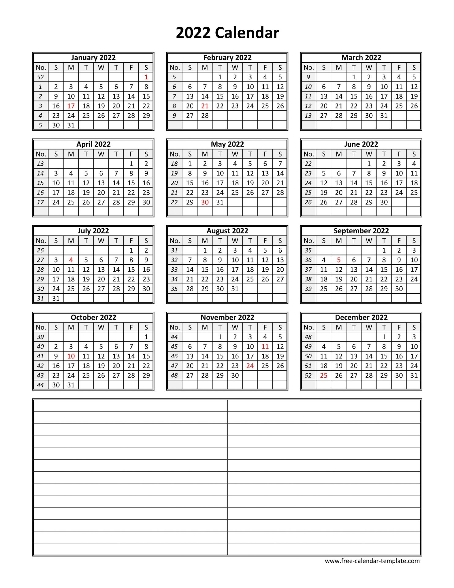 yearly 2022 printable calendar with space for notes free calendar template com