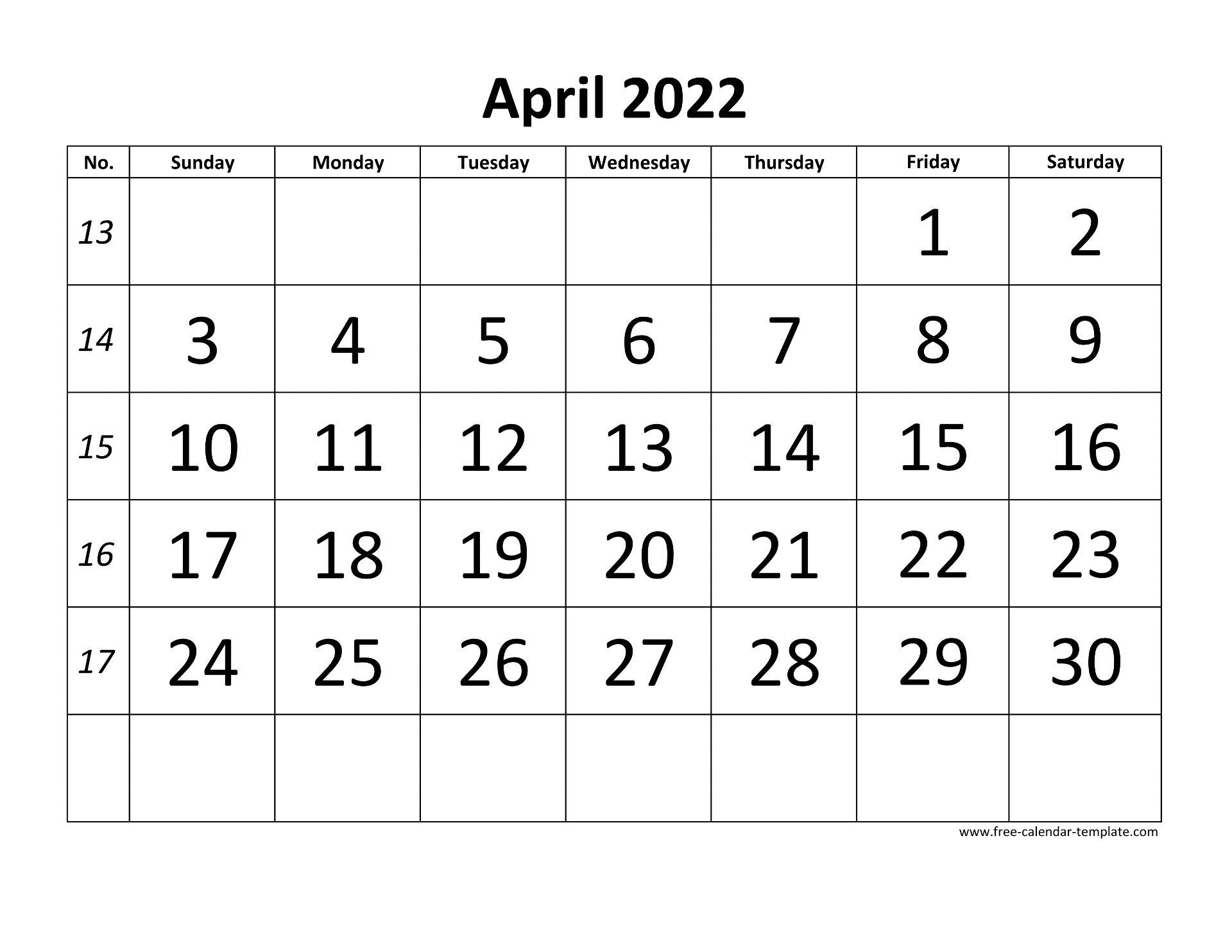 April 2022 Free Calendar Tempplate Free Calendar Template Com