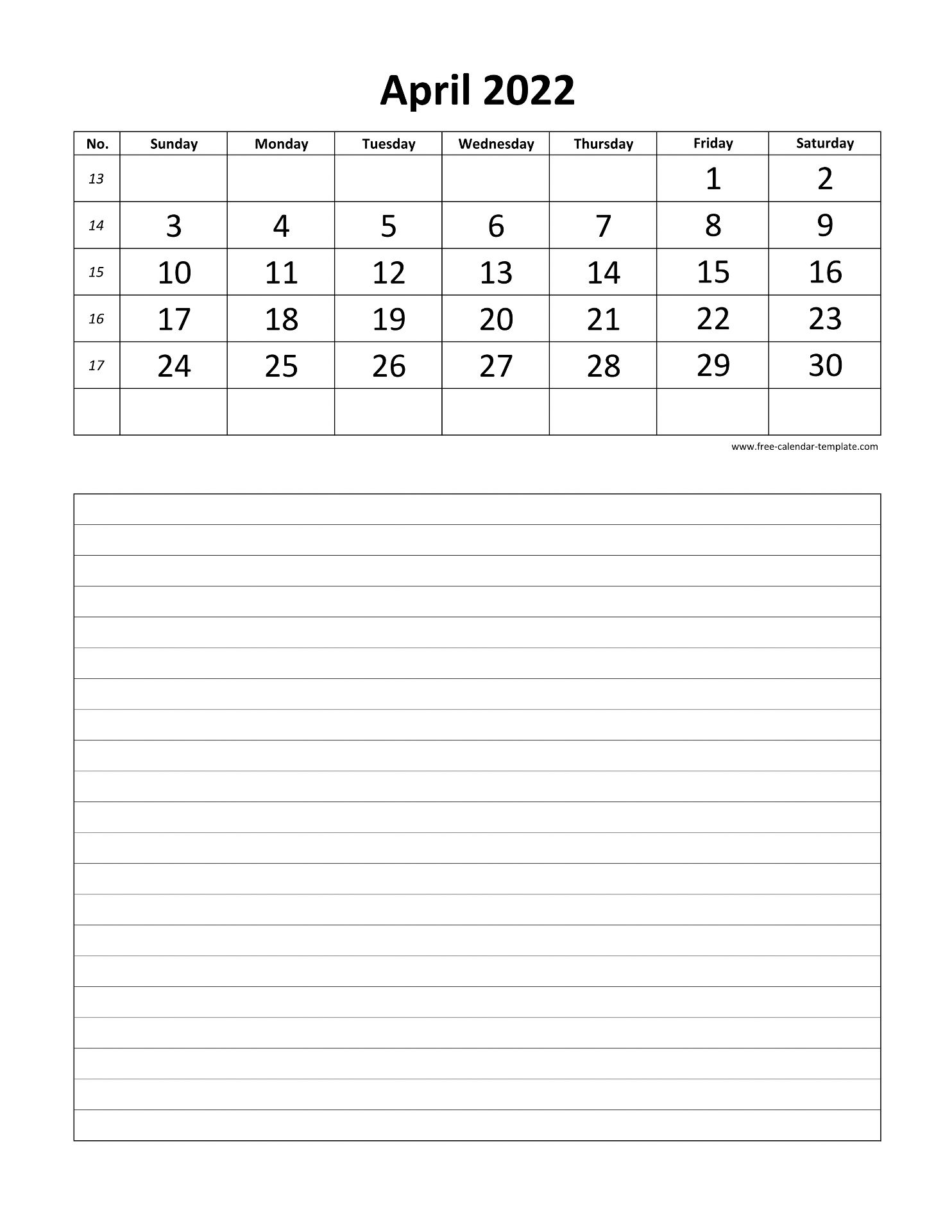 Printable 2022 April Calendar grid lines for daily notes