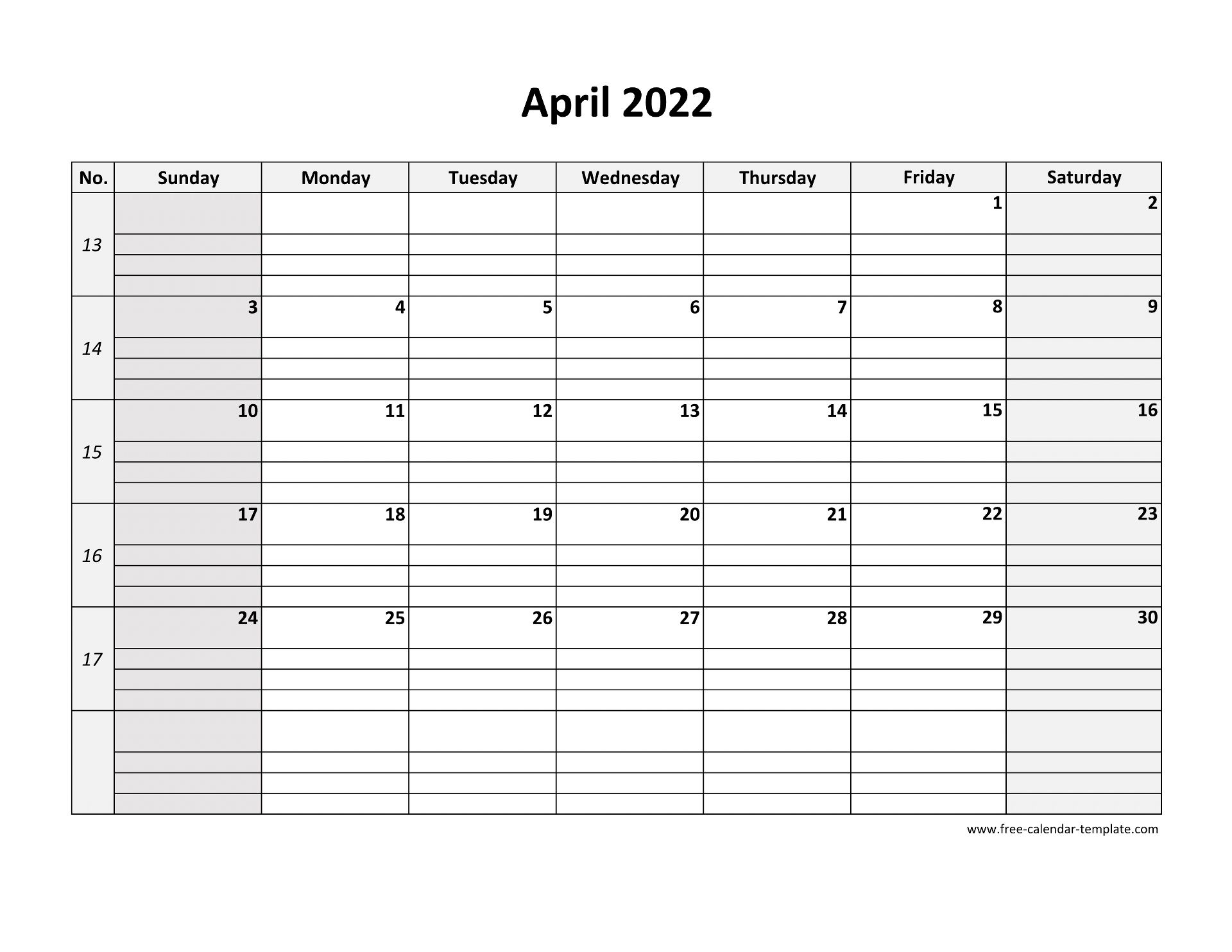 April 2022 Calendar Free Printable with grid lines designed (horizontal