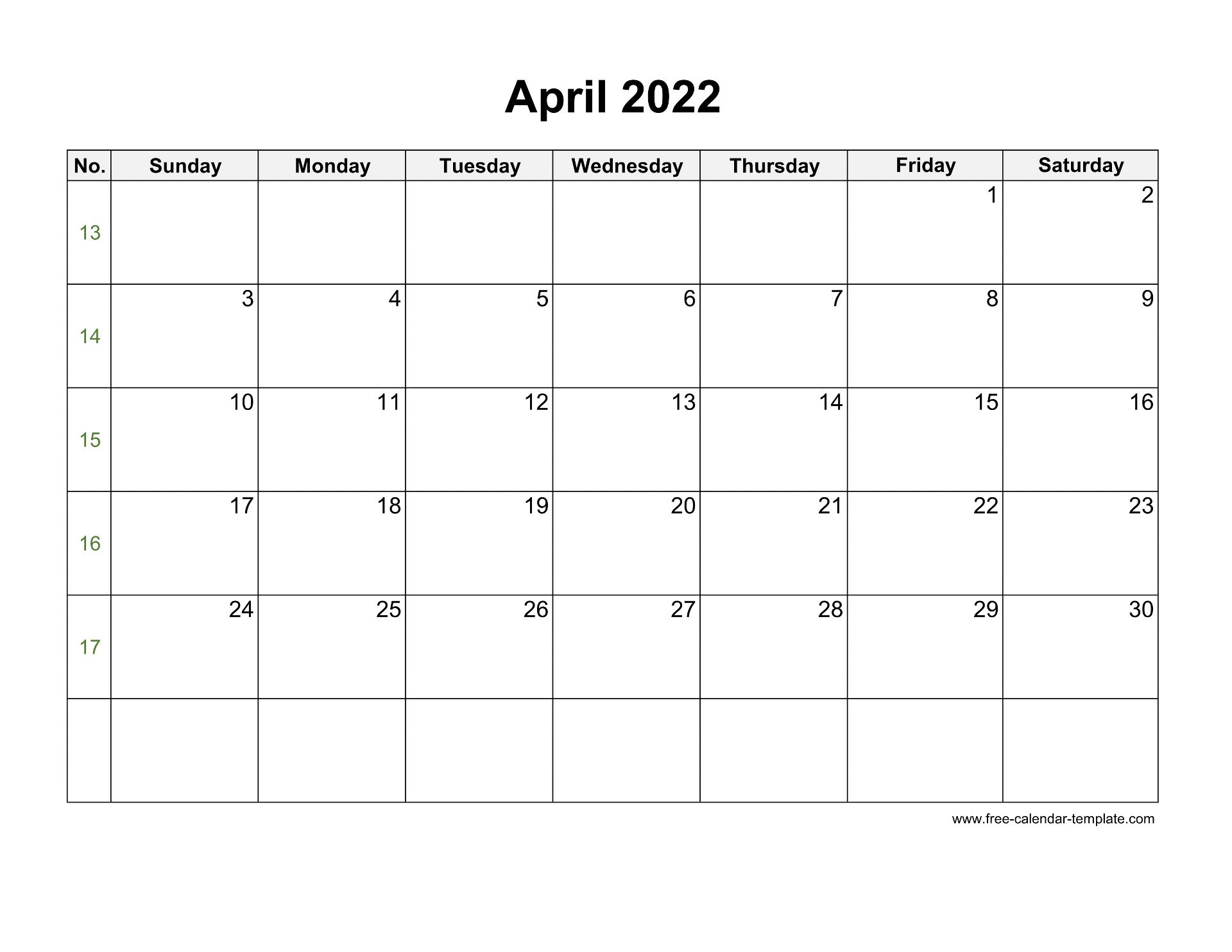 Free 2022 Calendar Blank April Template Horizontal Free Calendar