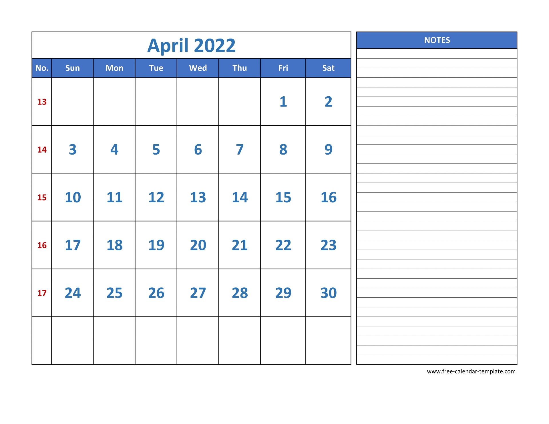 April Calendar 2022 grid lines for holidays and notes (horizontal