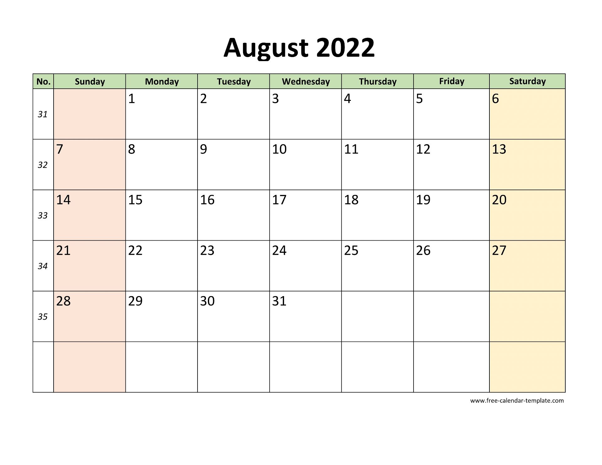 August 2022 Calendar Printable With Coloring On Weekend horizontal 