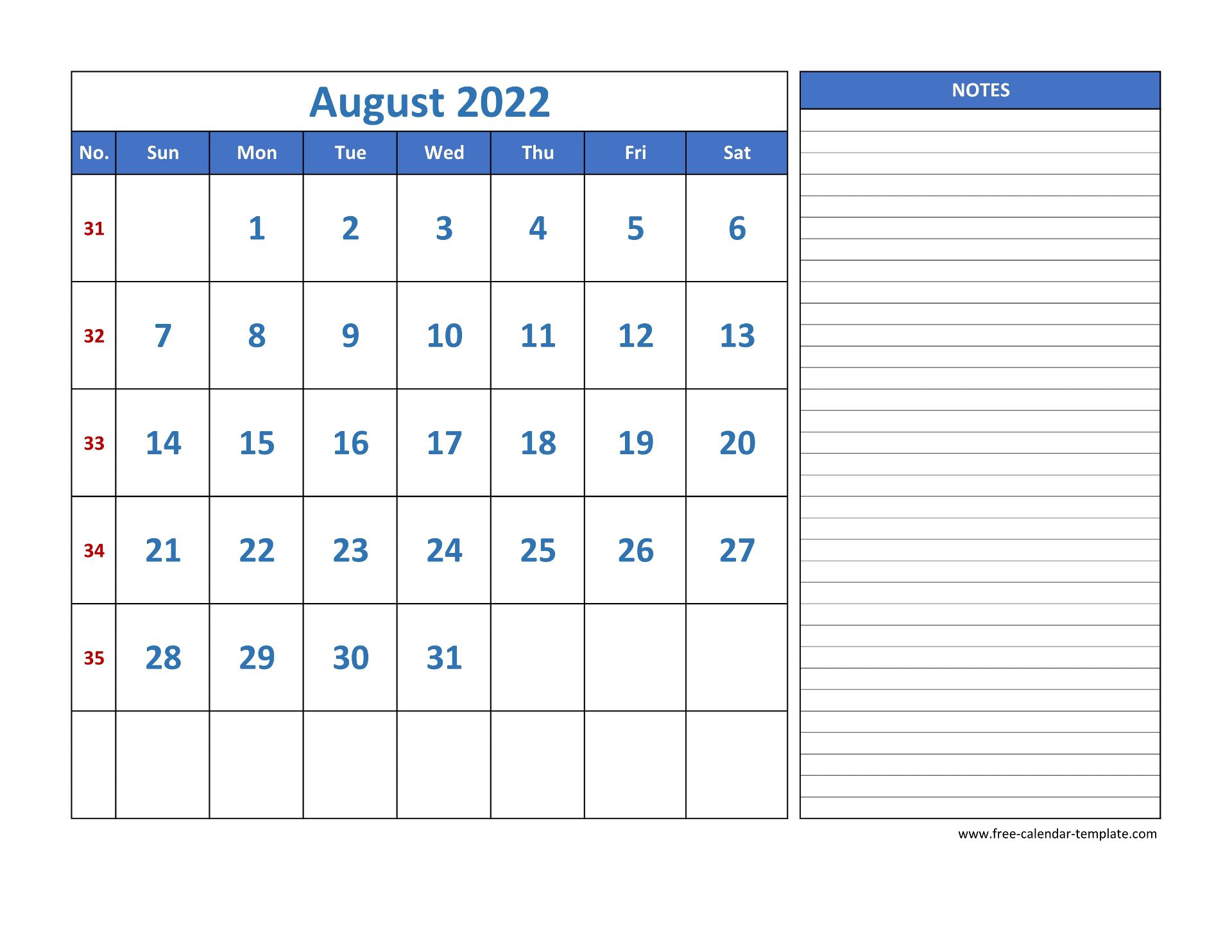 August Calendar 2022 Grid Lines For Holidays And Notes Horizontal