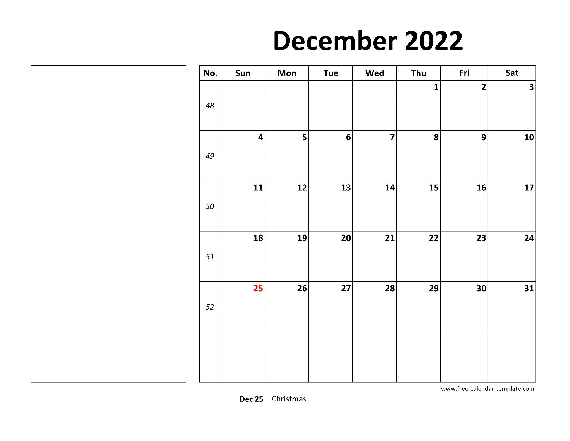 Printable December 2022 Calendar Box And Lines For Notes Free Calendar Template Com