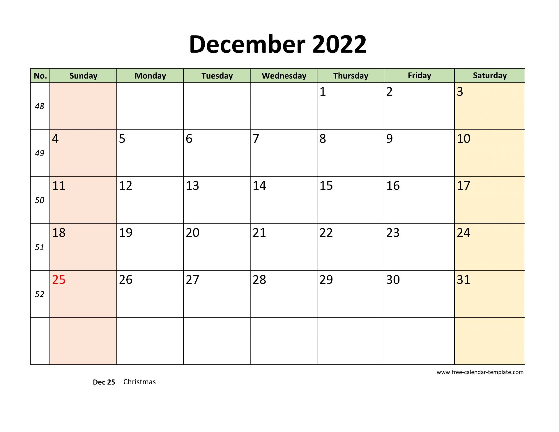 December 2022 Calendar Printable with coloring on weekend (horizontal