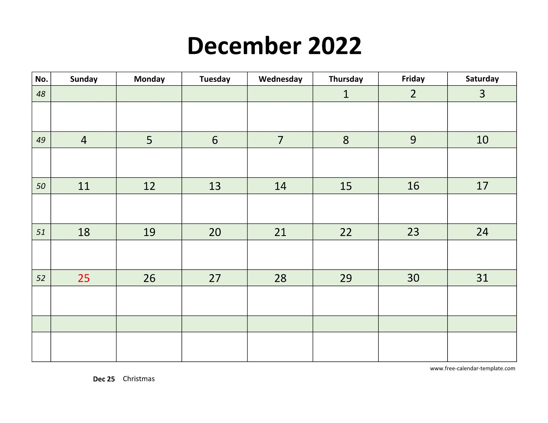 Free December 2022 Calendar Coloring On Each Day horizontal Free calendar template