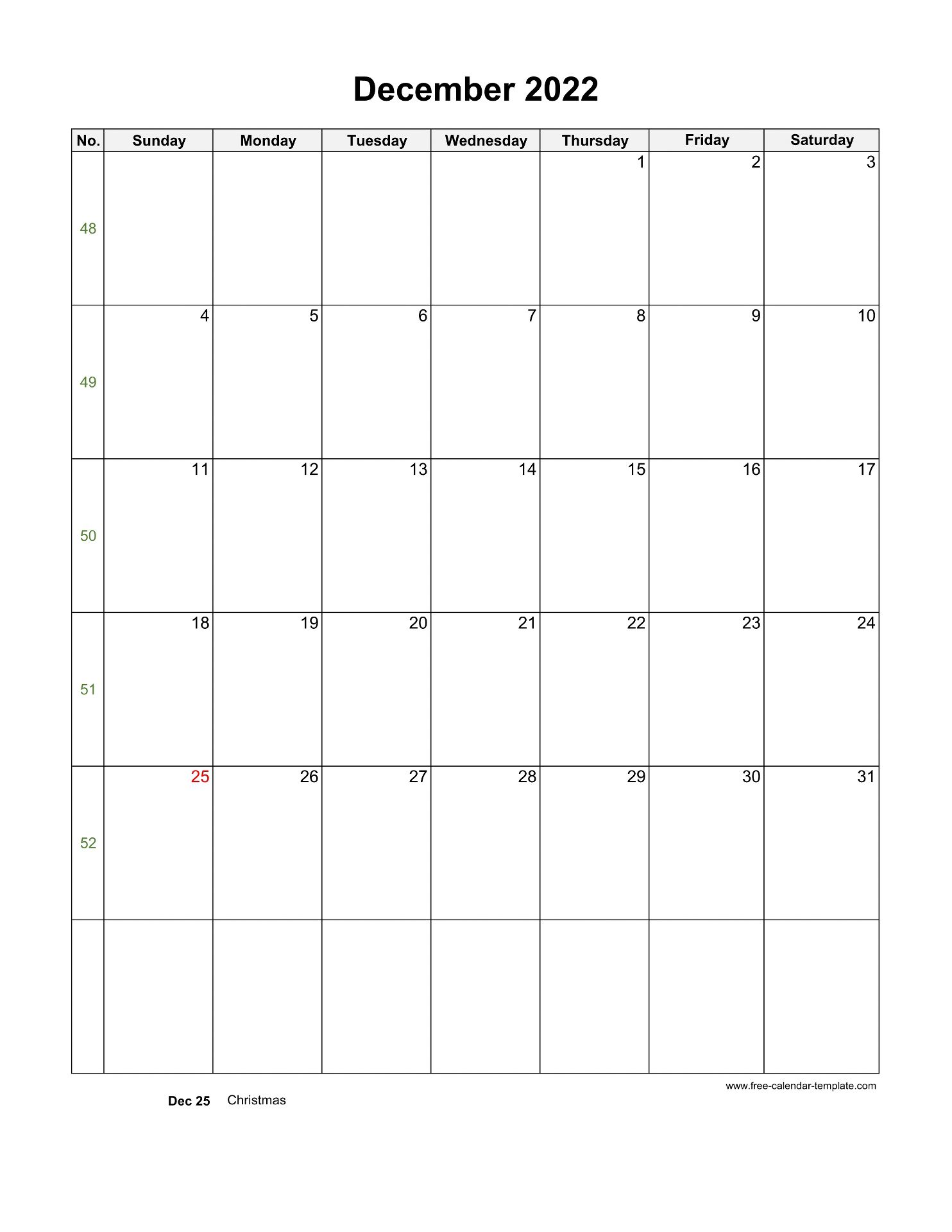 2022 December Calendar (Blank Vertical Template) | Free-calendar ...