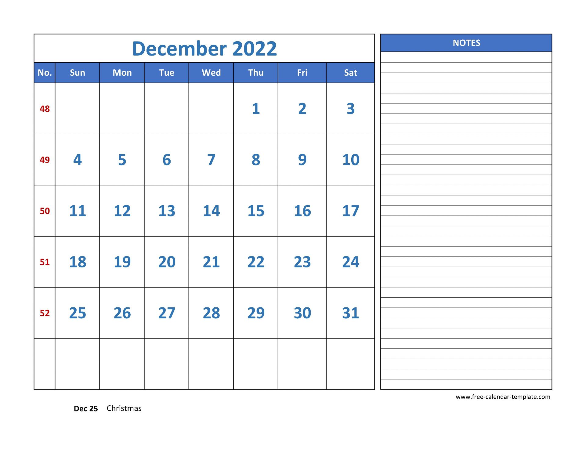 December Calendar 2022 grid lines for holidays and notes (horizontal ...