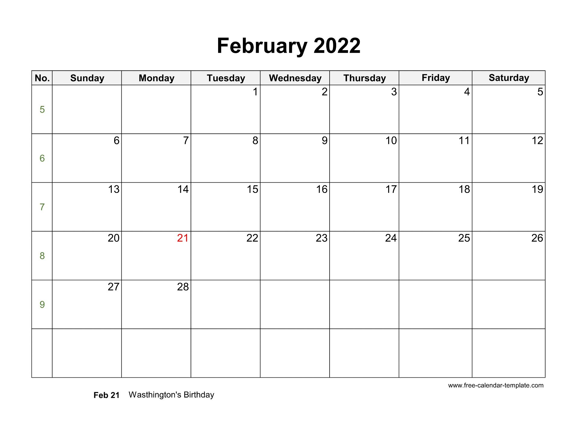 Free 2022 Calendar Blank February Template (horizontal ...