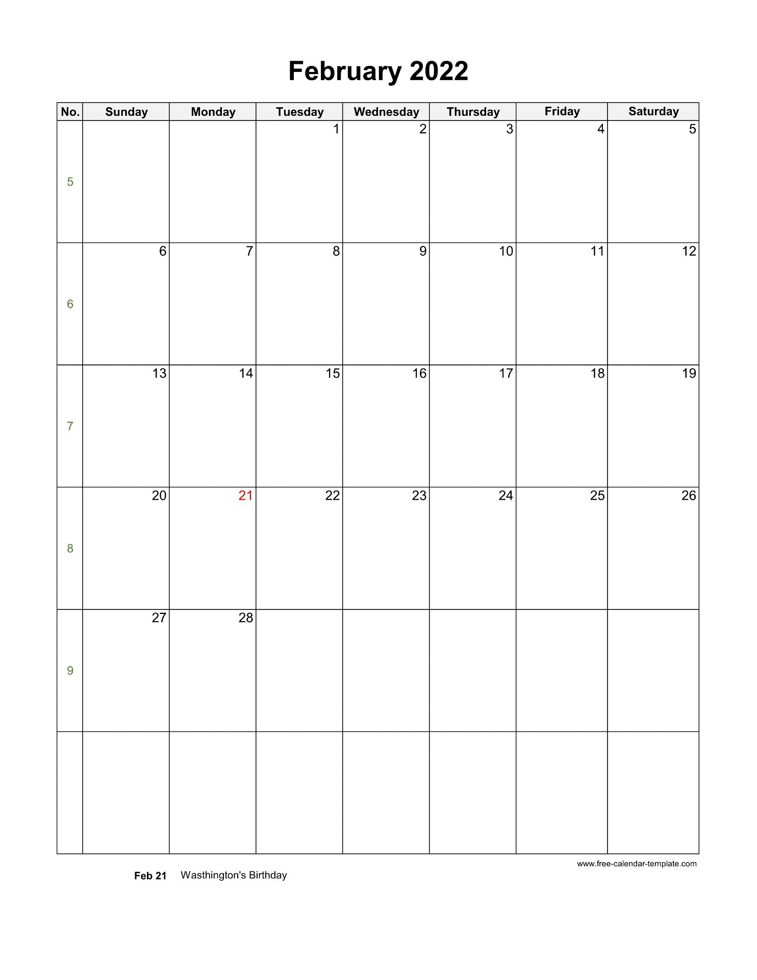 February 2022 Calendar Vertical 2022 February Calendar (Blank Vertical Template) | Free-Calendar-Template .Com