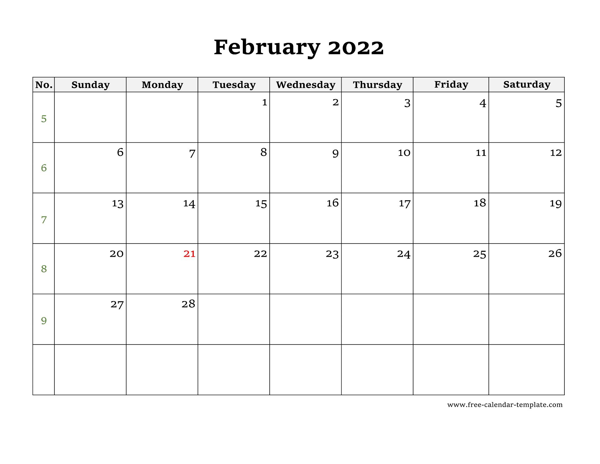 Simple February Calendar 2022 large box on each day for notes. Free