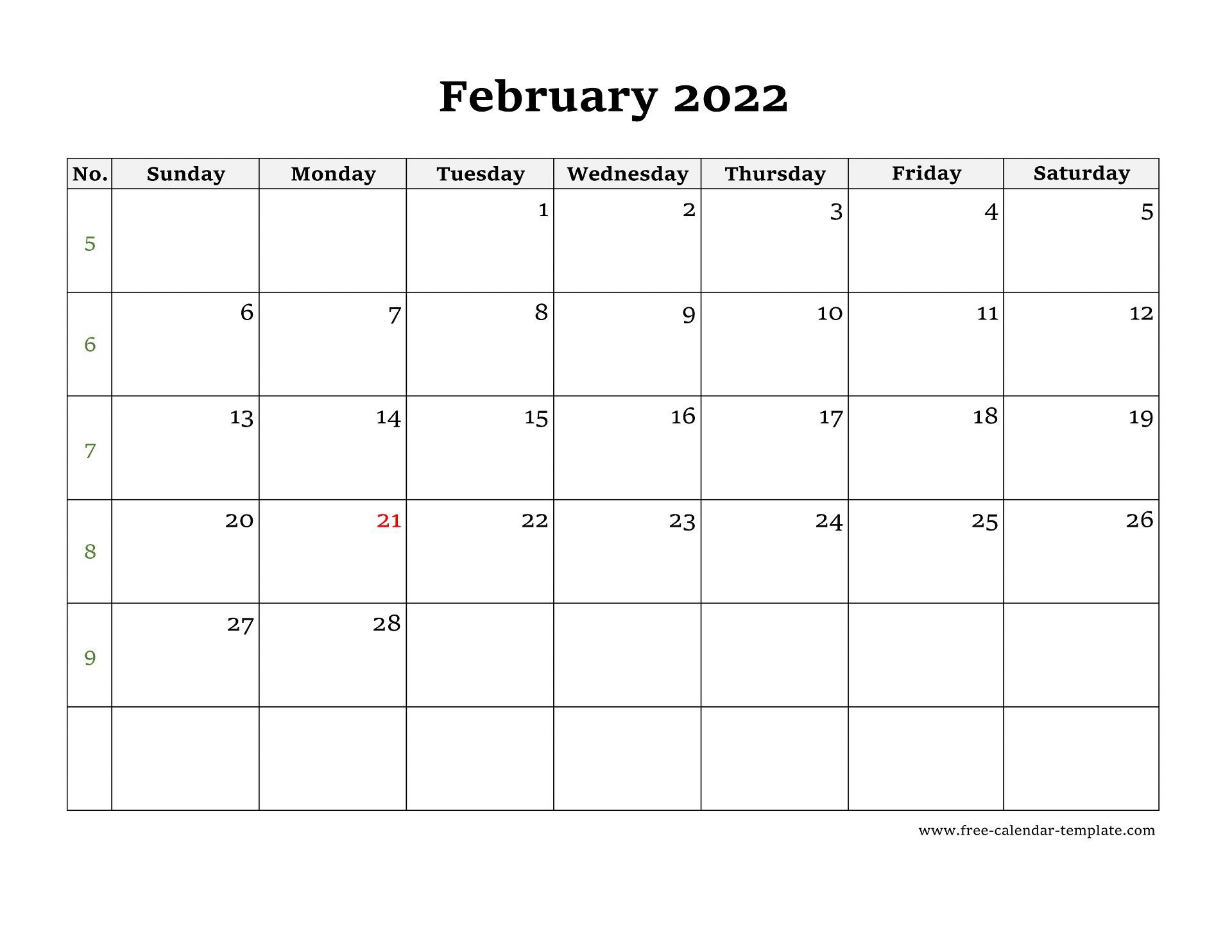 simple february calendar 2022 large box on each day for